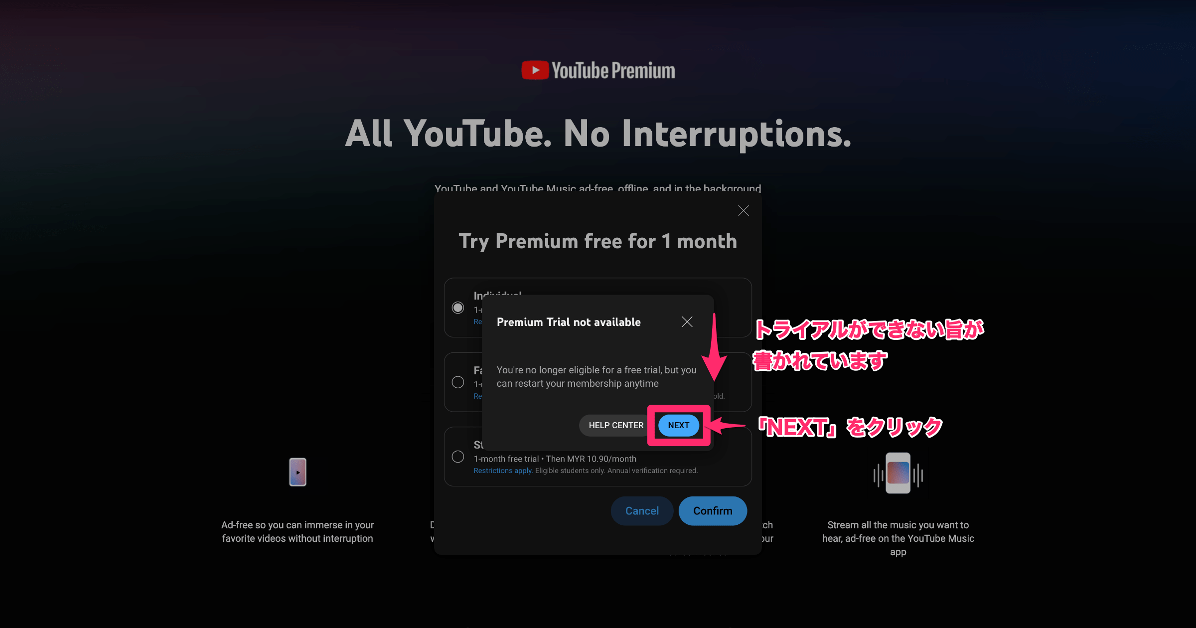 フリートライアルができないポップアップが表示されれば「NEXT」をクリック