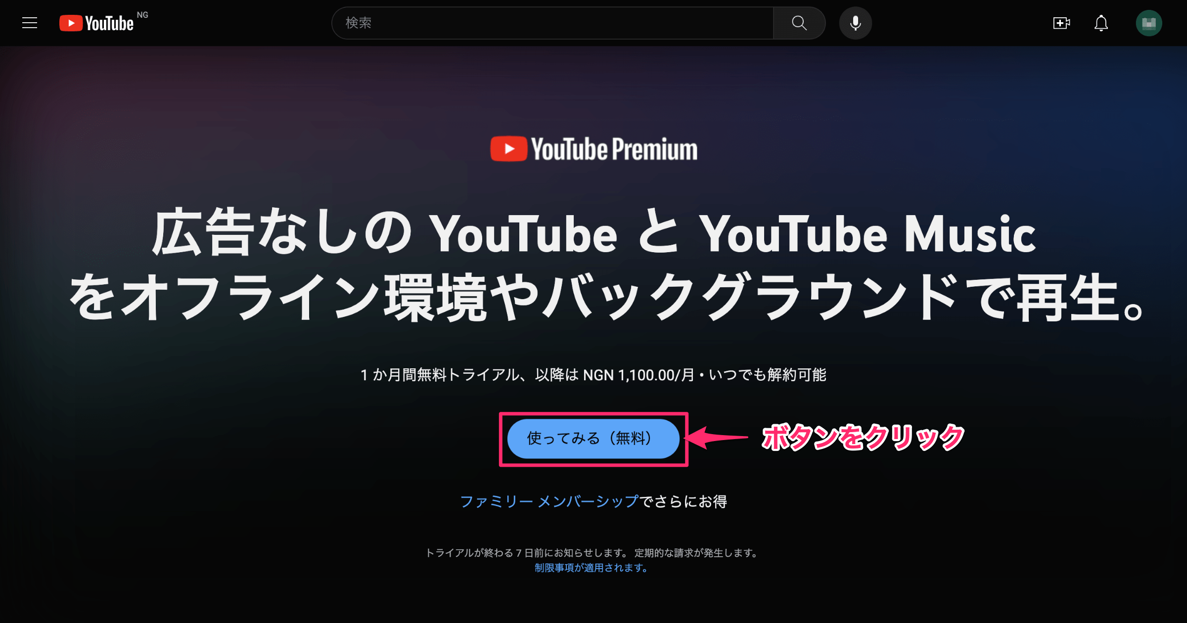 「使ってみる（無料）」をクリック（ナイジェリア）